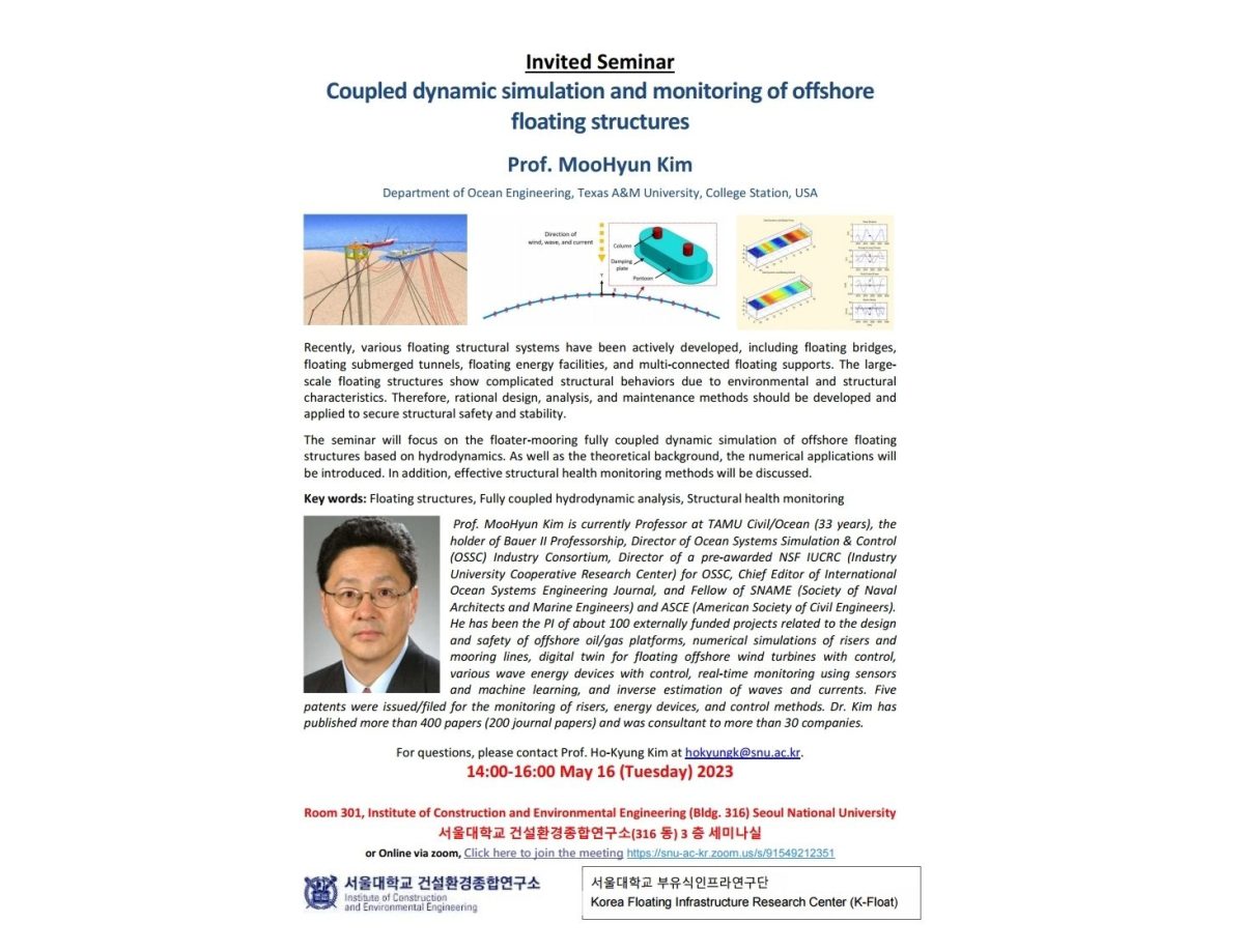 (May 16, 23) Coupled dynamic simulation and monitoring of offshore floating structures, Prof. Moohyun Kim
