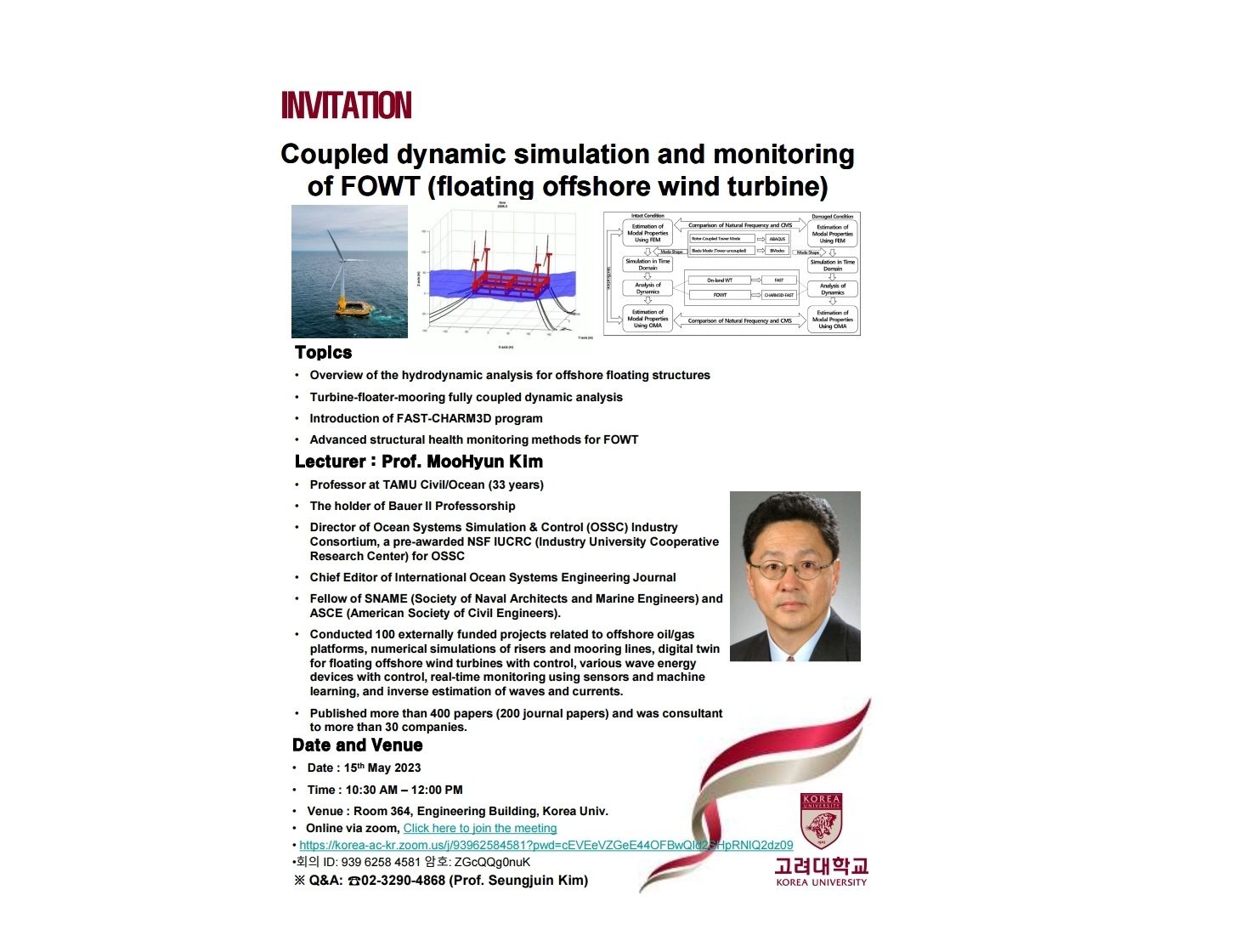 (May 15, 23) Coupled dynamic simulation and monitoring of FOWT (floating offshore wind turbine), Prof. Moohyun Kim