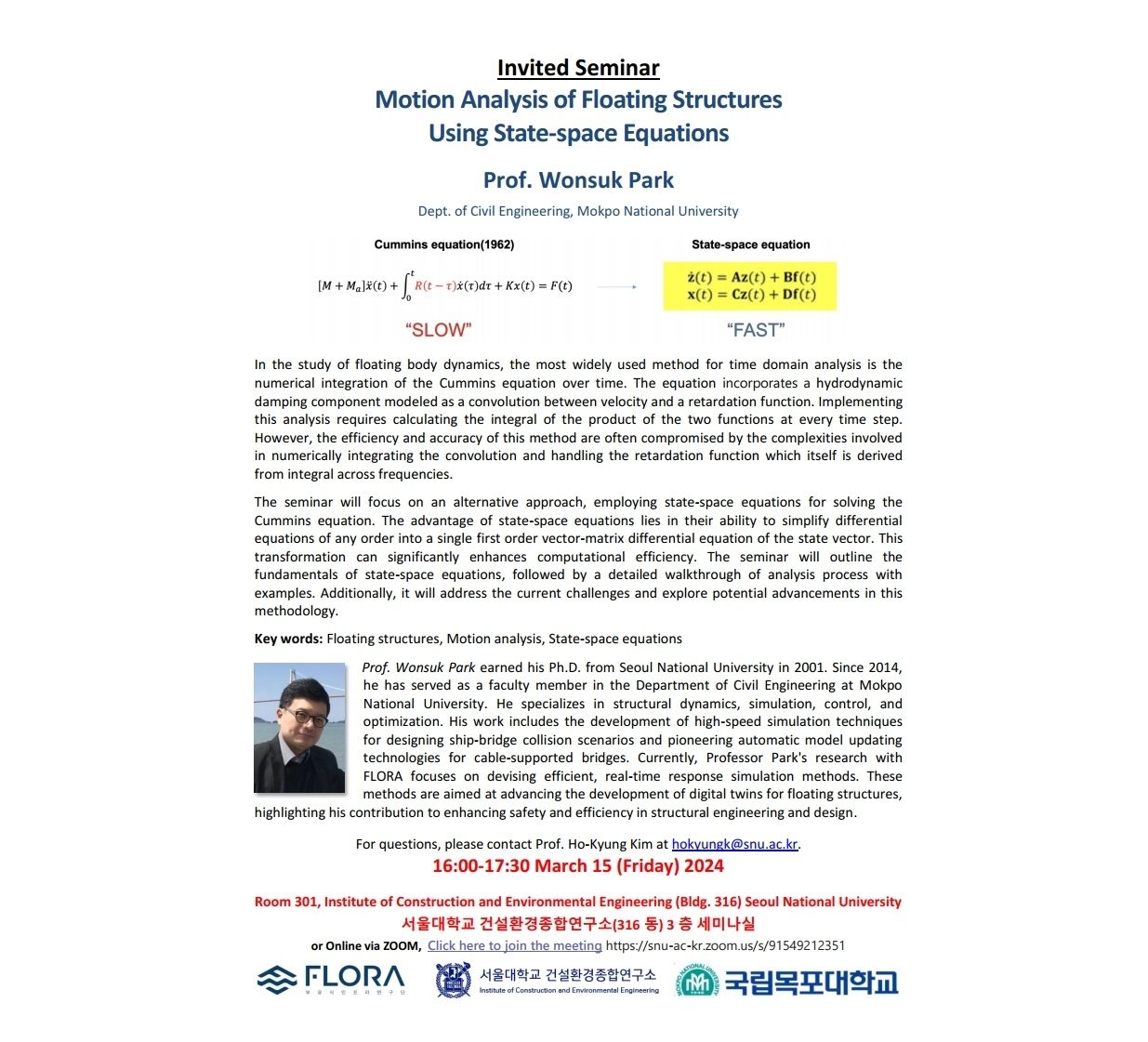 (Mar 15, 24) Motion Analysis of Floating Structures Using State-space Equations, Prof. Wonsuk Park