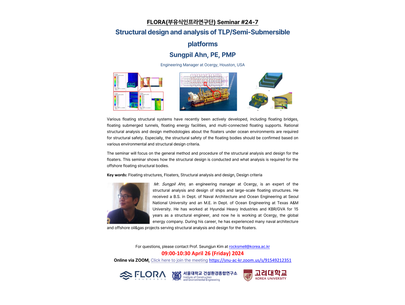 (Apr 26 ,24) Structural design and analysis of TLP/Semi-Submersible platforms, Sungpil Ahn, PE, PMP