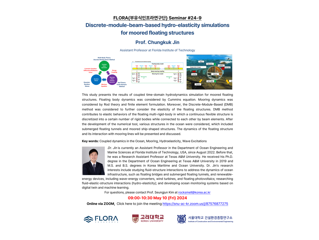 (May 10, 24) Discrete-module-beam-based hydro-elasticity simulations for moored floating structures, Prof. Chungkuk Jin