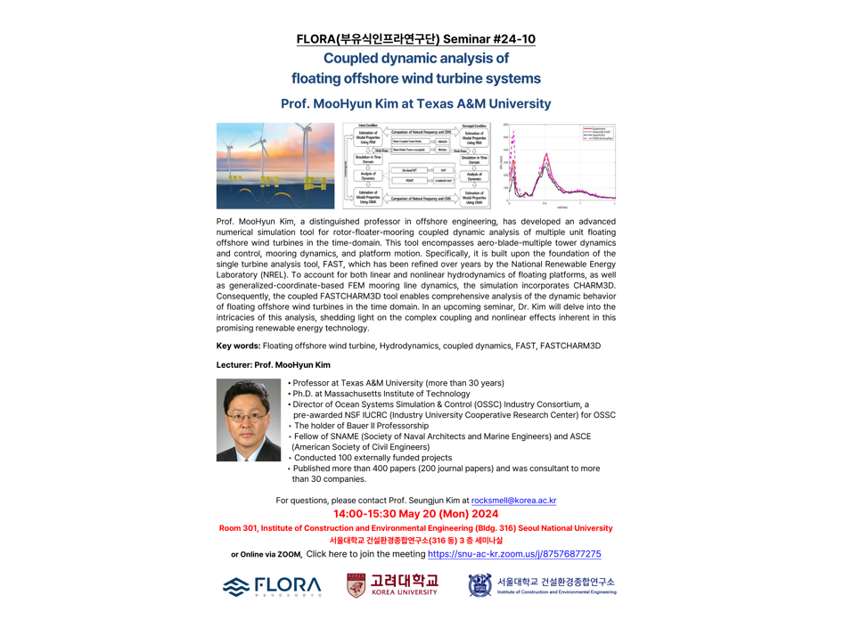 (May 20 ,24) Coupled dynamic analysis of floating offshore wind turbine systems, Prof. MooHyun Kim