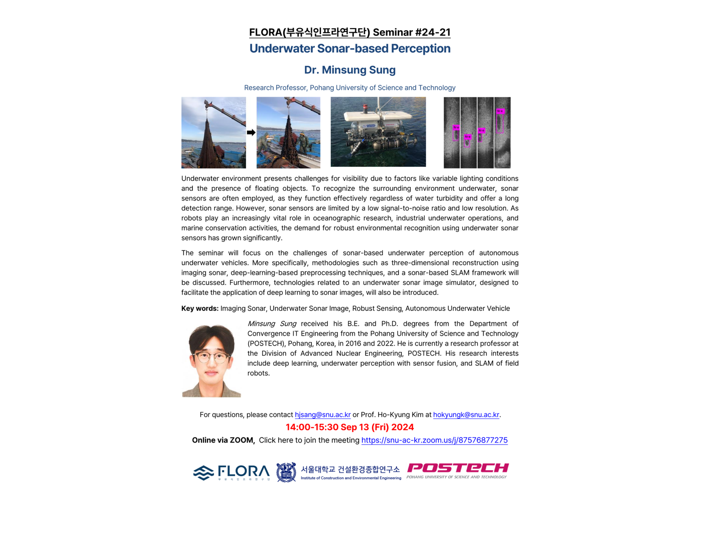 (Sep 13, 24) Underwater Sonar-based Perception, Dr. Minsung Sung