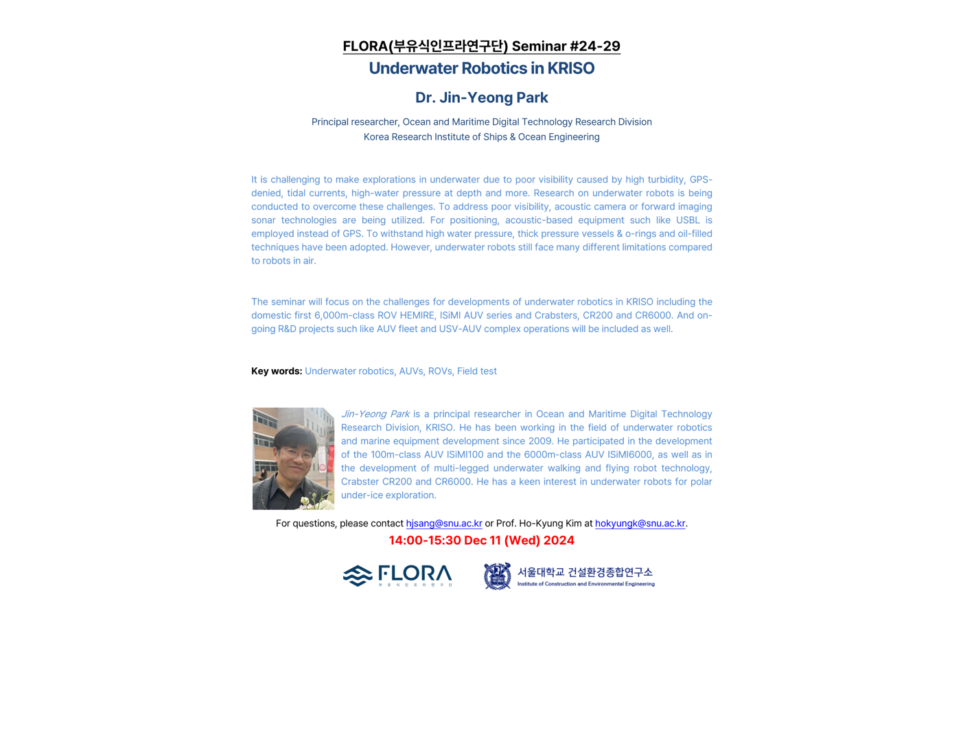 (Dec 11, 24) Underwater Robotics in KRISO, Dr. Jin-Yeong Park