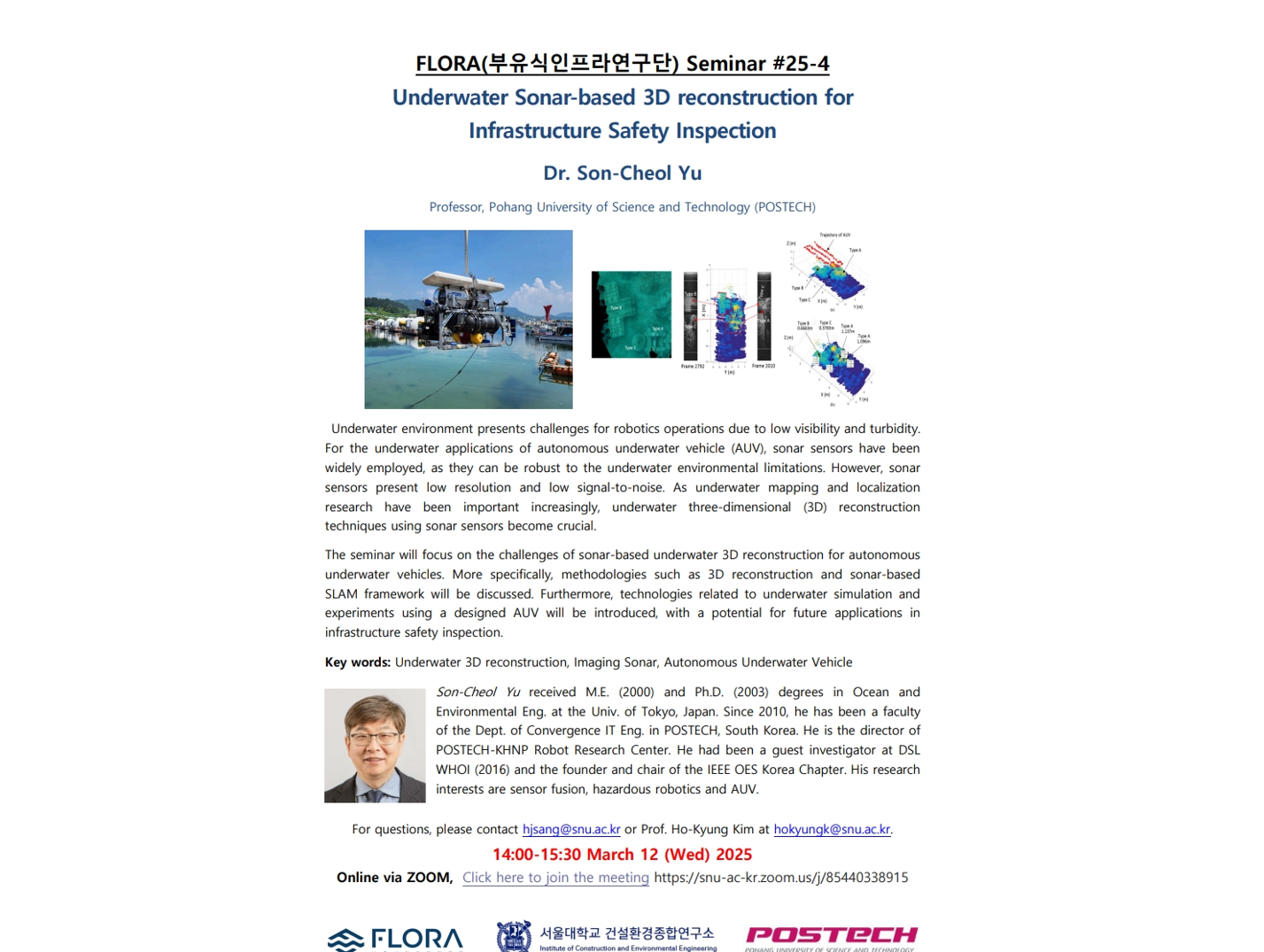 (Mar 12, 25) Underwater Sonar-based 3D reconstruction for Infrastructure Safety Inspection, Prof. SonCheol  Yu
